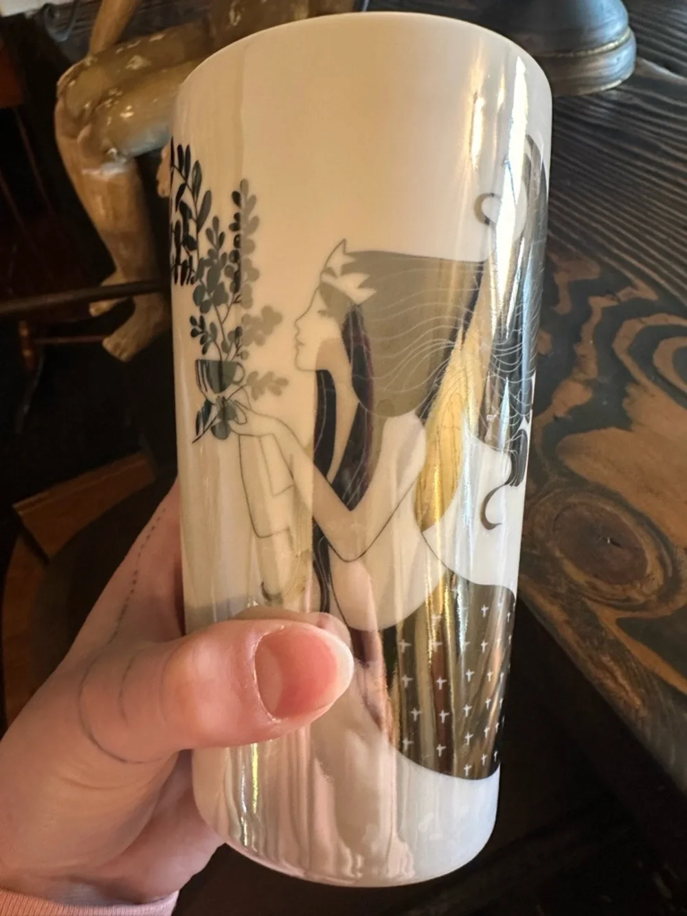 Starbucks White Ceramic Tumbler with Silver Mermaid Illustration EUC - Picture 5 of 5